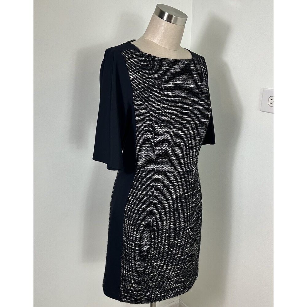Tibi Womens Black Tweed Sheath Dress Short Sleeve Square Neck Lined Size 8 Fall - Picture 15 of 16